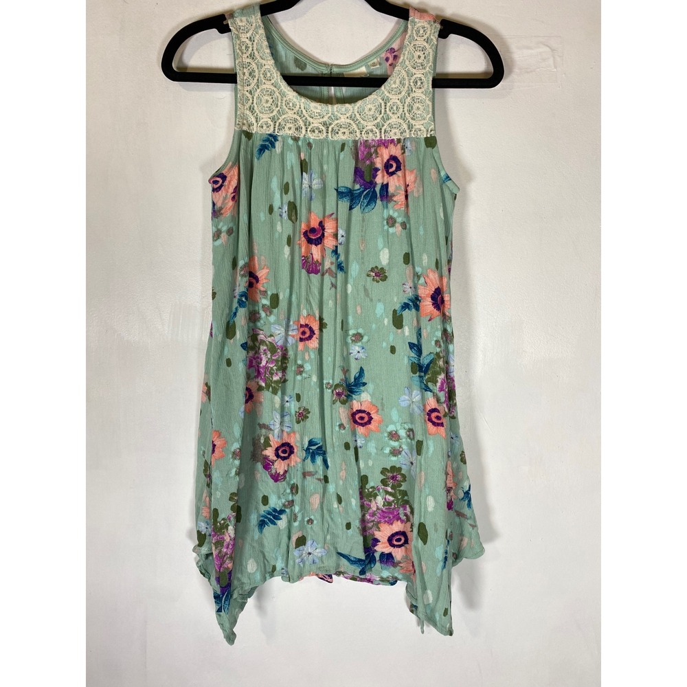 XS Sage Green Floral Boho Tunic Tank Top Lace Handkerchief Hem Cottagecore